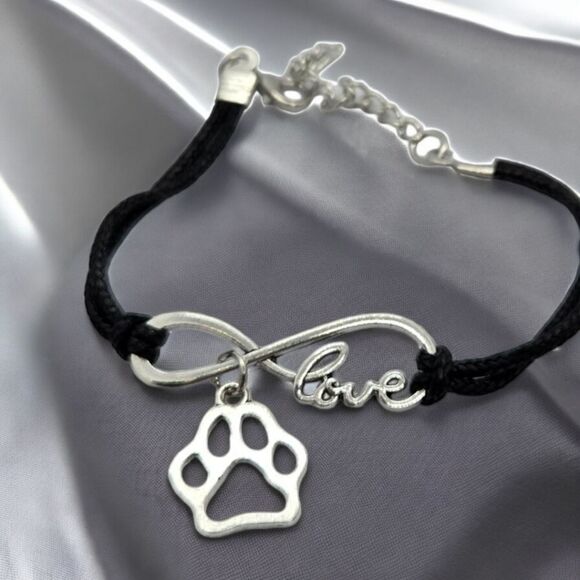Paw Print 🐾 Dog Mom 🐾 Cat Lady Pet Lover Charm Bracelet Black Faux Leather - Picture 6 of 11
